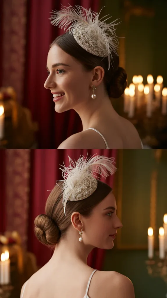 Sleek Low Bun with a Feathered Fascinator