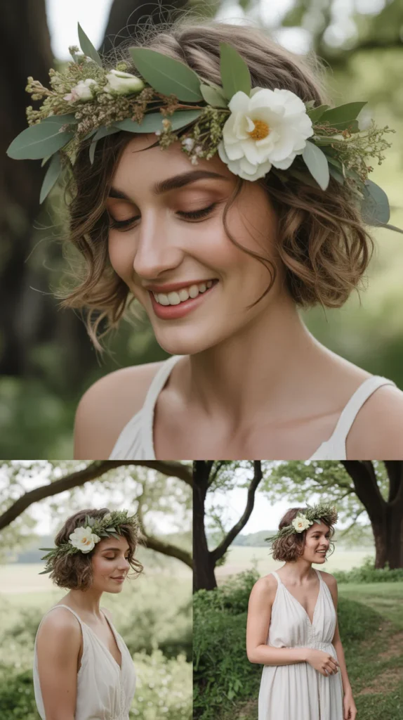 Short Hair with Floral Crown