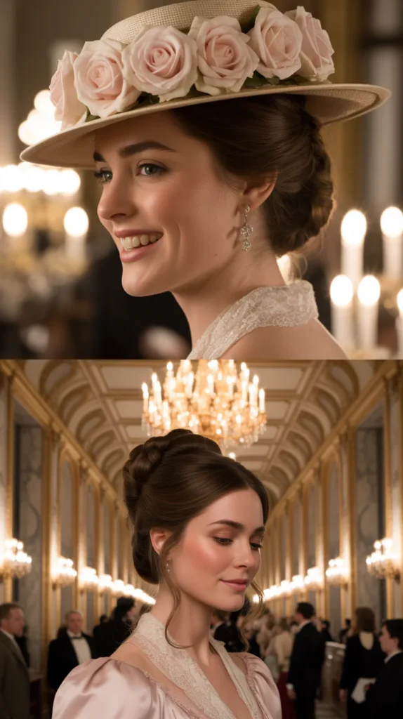 Double-Twisted Updo with a Rose-Adorned Hat