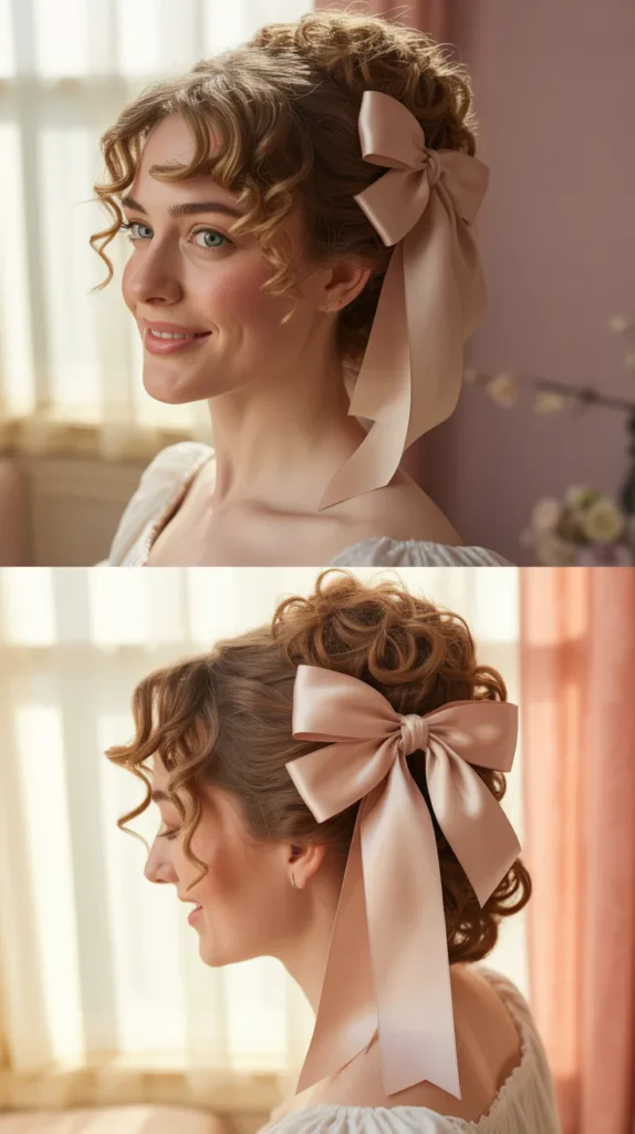 Regency-Inspired Curly Half Updo with Ribbon