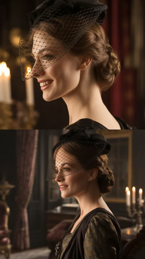 Twisted Side Updo with a Caged Veil Hat