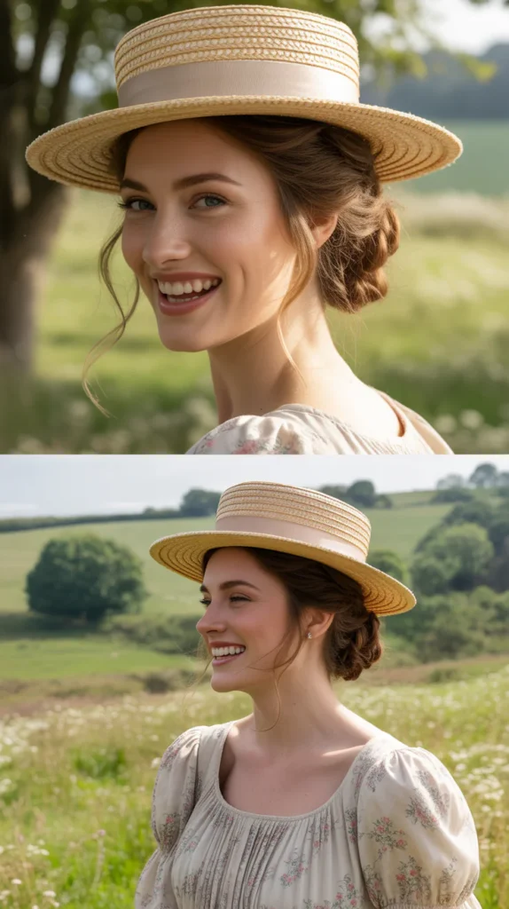 Messy Romantic Bun with a Straw Boater Hat