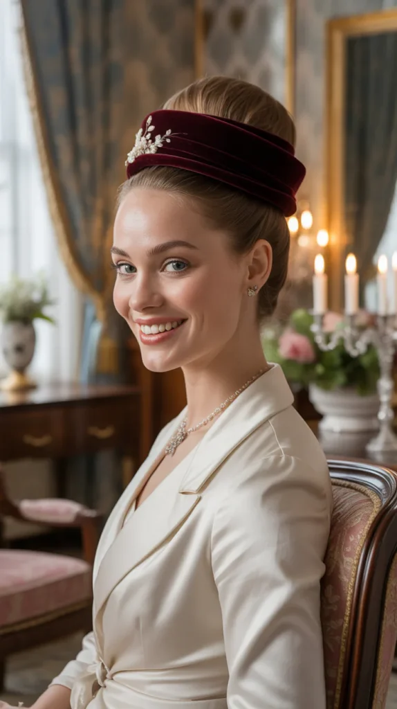 High Twisted Bun with a Velvet Pillbox Hat