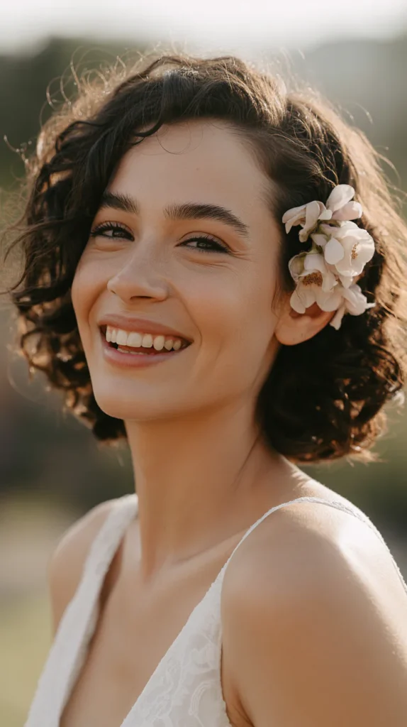 Soft Curly Bob With Side Flowers
