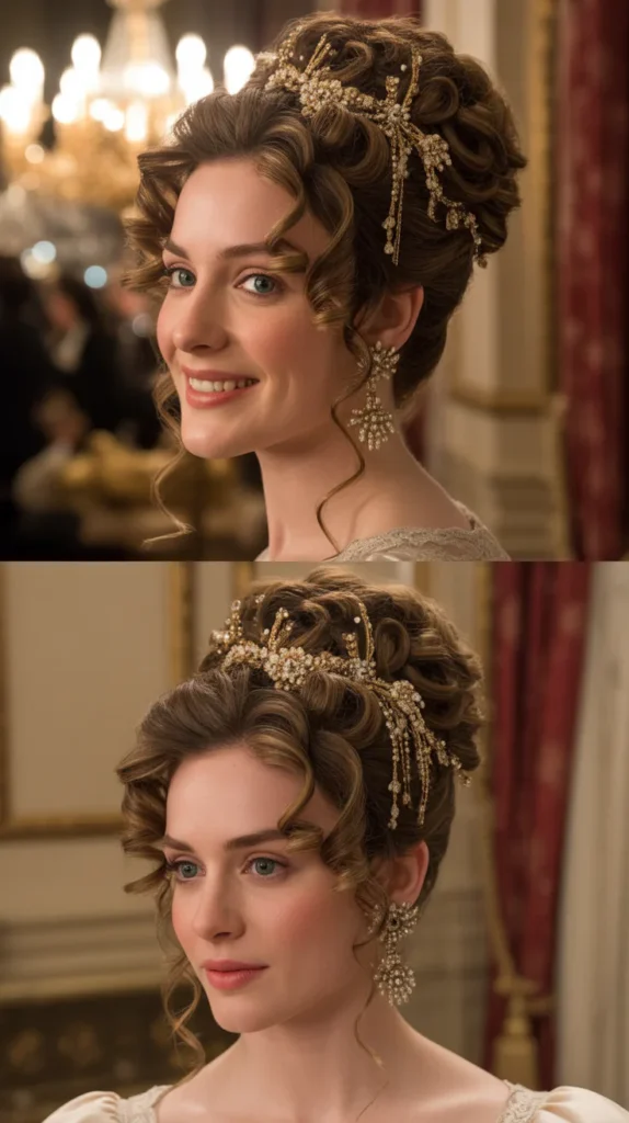 Stacked Curly Bun with Ornate Hair Pins