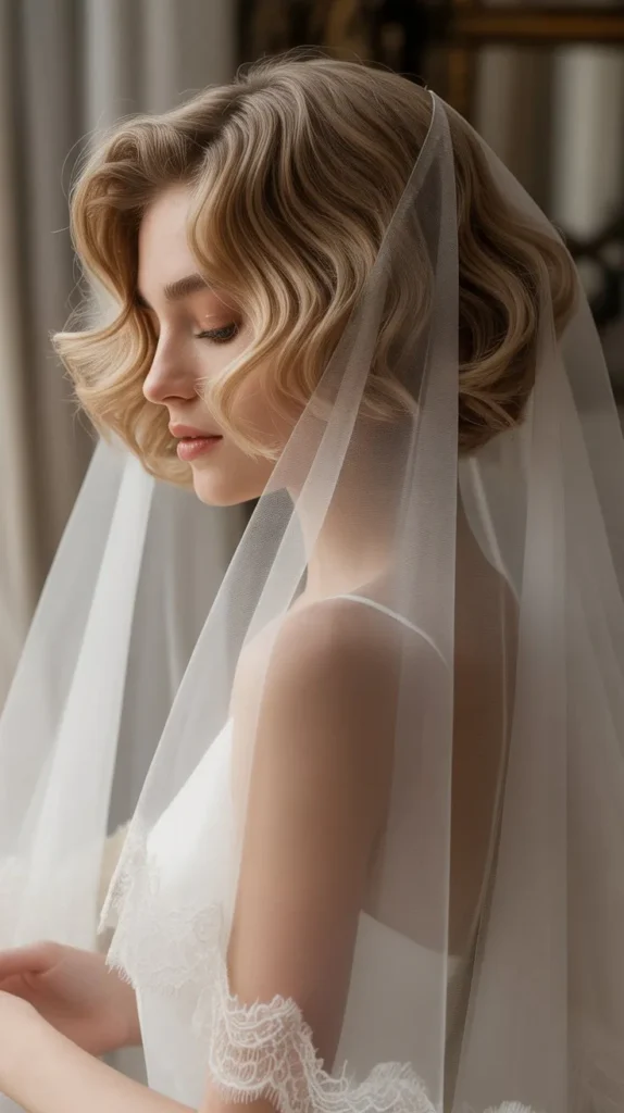 Elegant Short Waves with Cathedral Veil