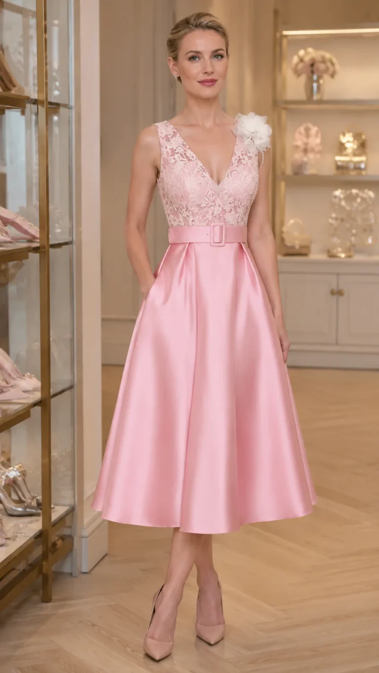 Elegant Pink Lace Midi Dress for Women | Romantic Wedding Guest Outfit