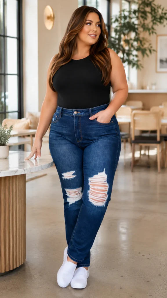 Plus Size Elastic Waist Jeans for Women | Stylish Ripped Denim Outfit Ideas for Curvy Fashion