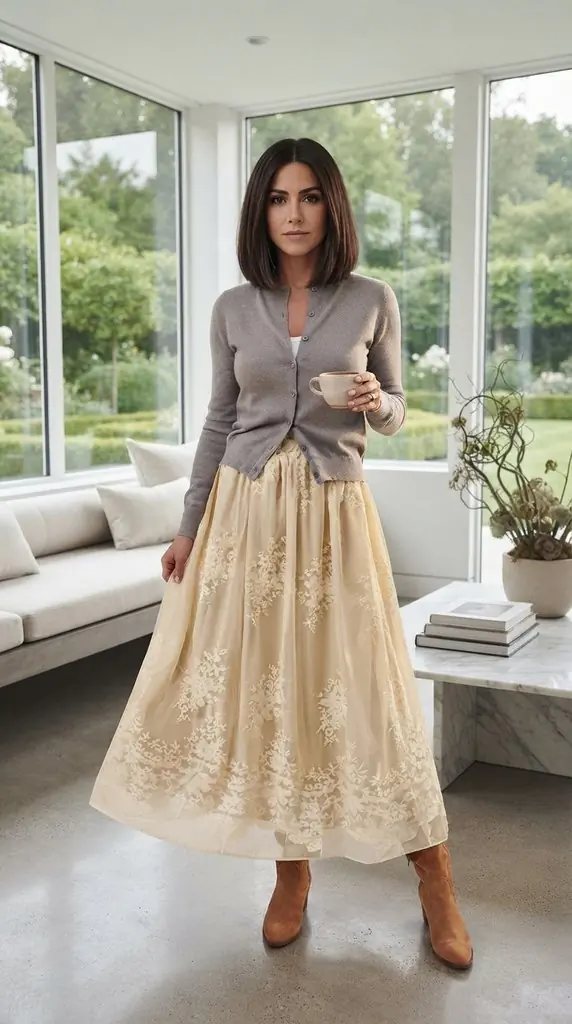 Embroidered Mesh Overlay Flowy Midi Skirt Outfit Inspiration