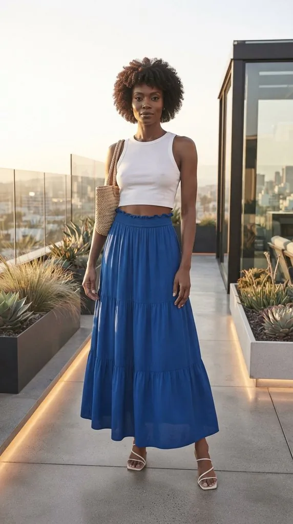 Blue Tiered Midi Skirt Outfit Ideas for Summer Style