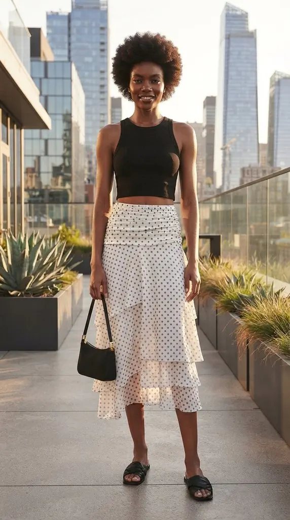 Polka Dot Tiered Midi Skirt Outfit Ideas for Summer