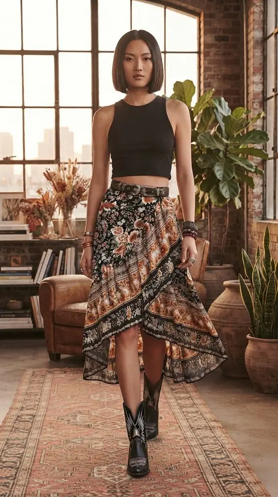 Plus Size Boho Floral Print High-Low Skirt | Midi Skirt Outfits