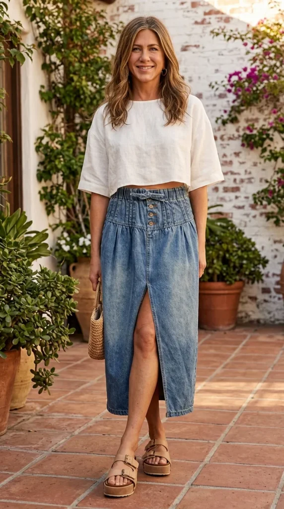 The Perfect Summer Staple: White Button-Down + High-Waisted Denim Midi Skirt