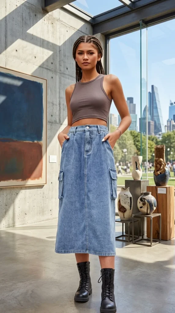 How to Style a Cargo Denim Maxi Skirt | Edgy Street Style Inspo