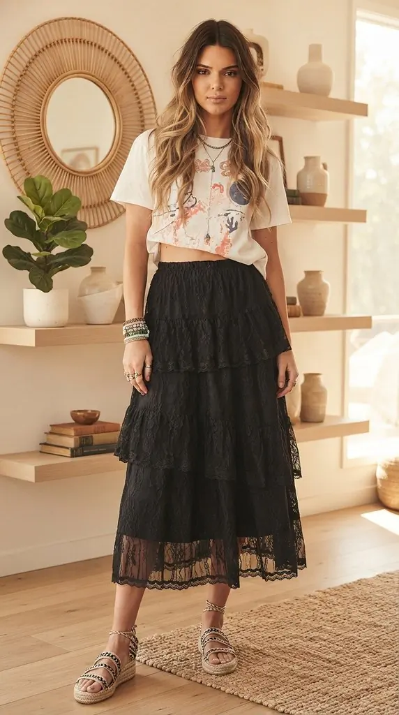 Boho Black Lace Tiered Midi Skirt Outfit | Summer & Festival Fashion Ideas
