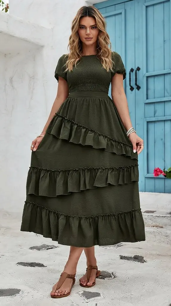 Olive Green Tiered Midi Outfit Inspiration for Summer