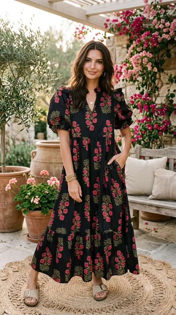 Floral Maxi Dress Outfit Ideas | Black Floral Tiered Maxi Dress