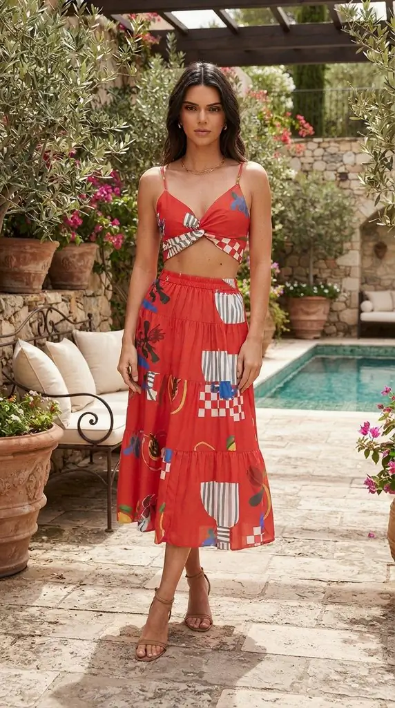 Red Printed Midi Skirt and Crop Top Matching Set