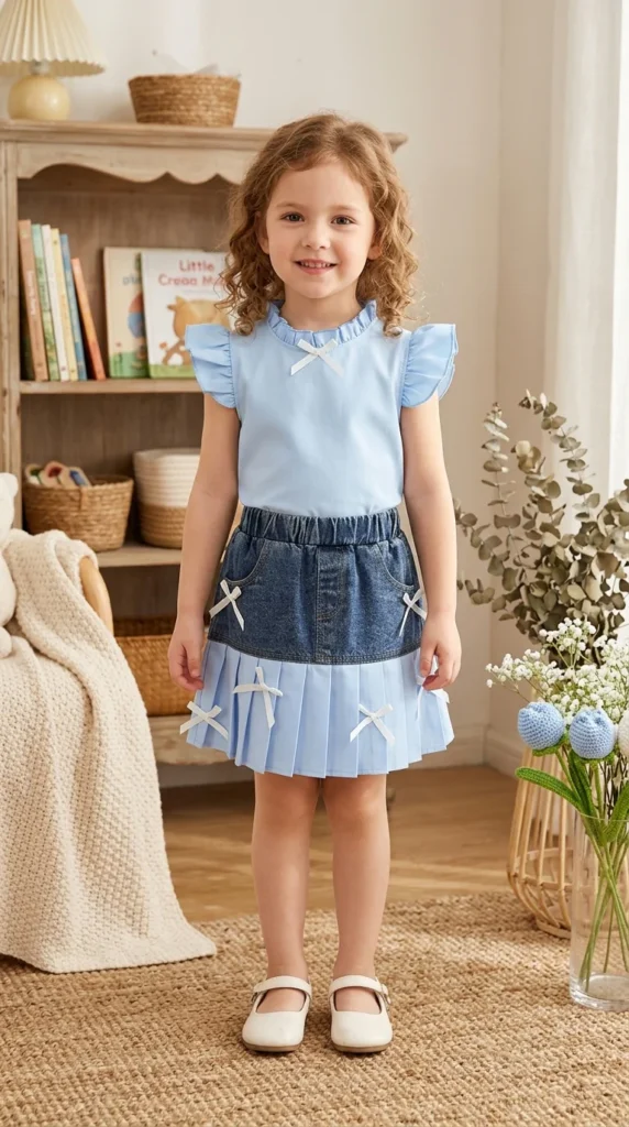 Cute Toddler Denim Pleated Skirt Set | Girls Summer Fashion