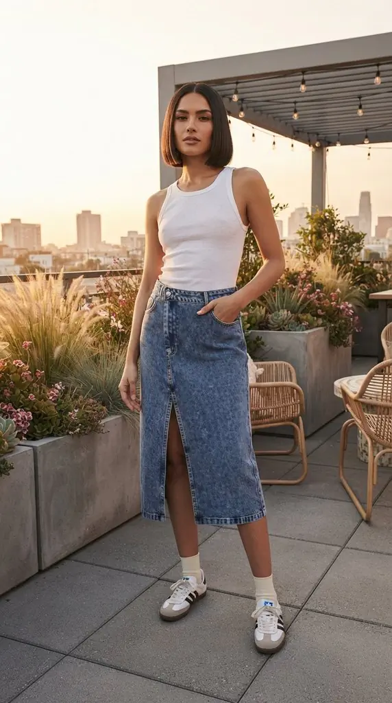 Cute Denim Midi Skirt Outfit with Sneakers Casual Streetwear Inspo