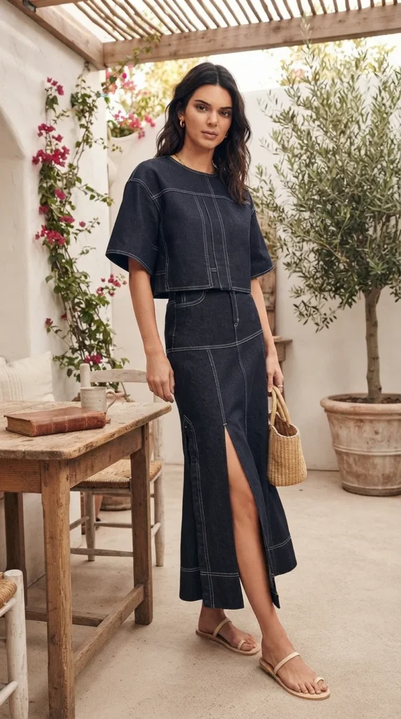 Dark Wash Denim Maxi Skirt Set | Chic Two-Piece Outfit Ideas