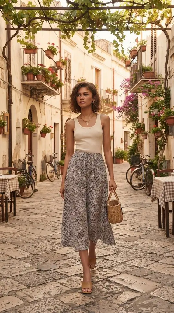 Mittoshop Printed Midi Skirt Outfit Idea for Summer Travel