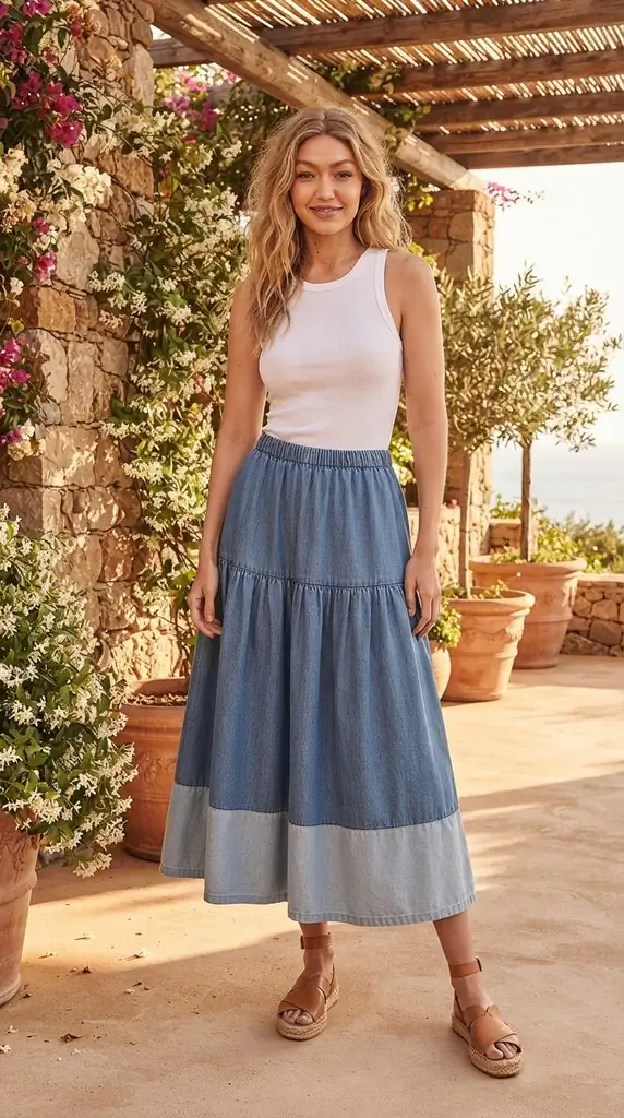 How to Style a Tiered Denim Midi Skirt