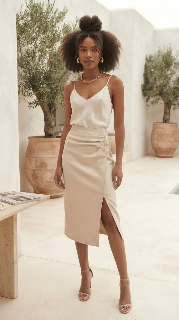 Chic Neutral Midi Skirt Outfit Idea for Summer and Spring Style