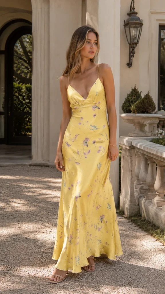 Yellow Floral Silk Slip Maxi Dress | Summer Vacation Outfit