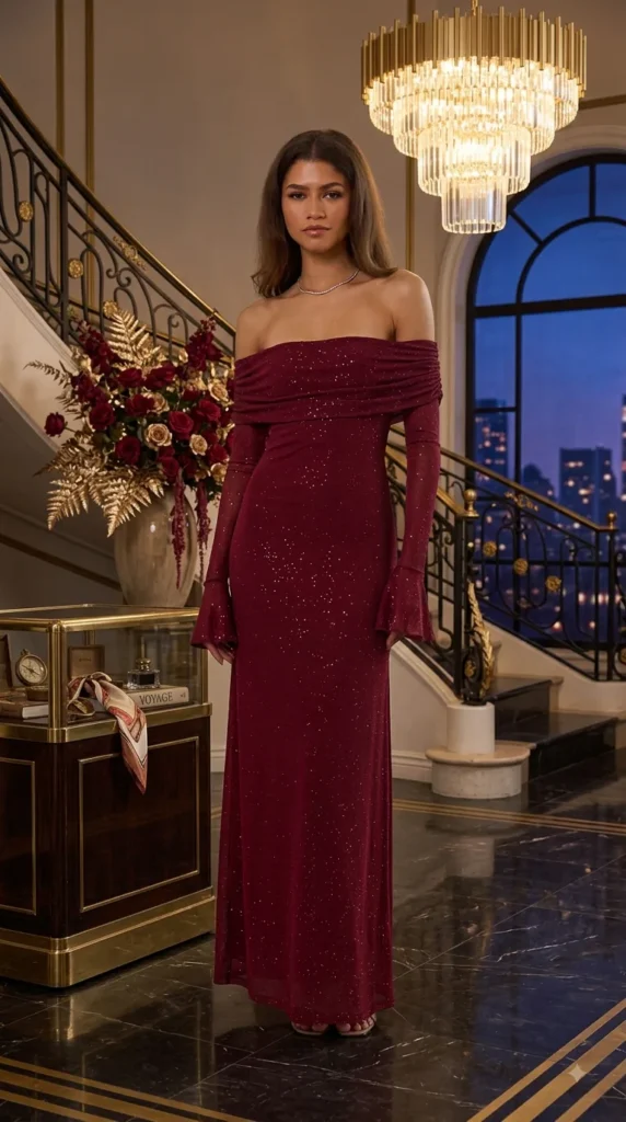 Elegant Off-the-Shoulder Wine Red Shimmer Maxi Dress | Night Out Style