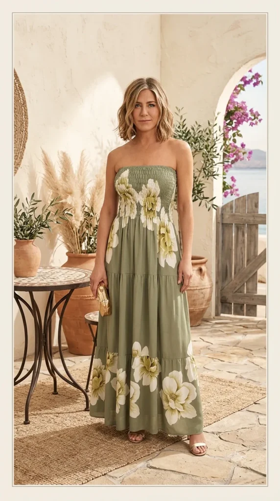 Olive Green Floral Tube Maxi Dress | Summer Vacation Outfit Idea