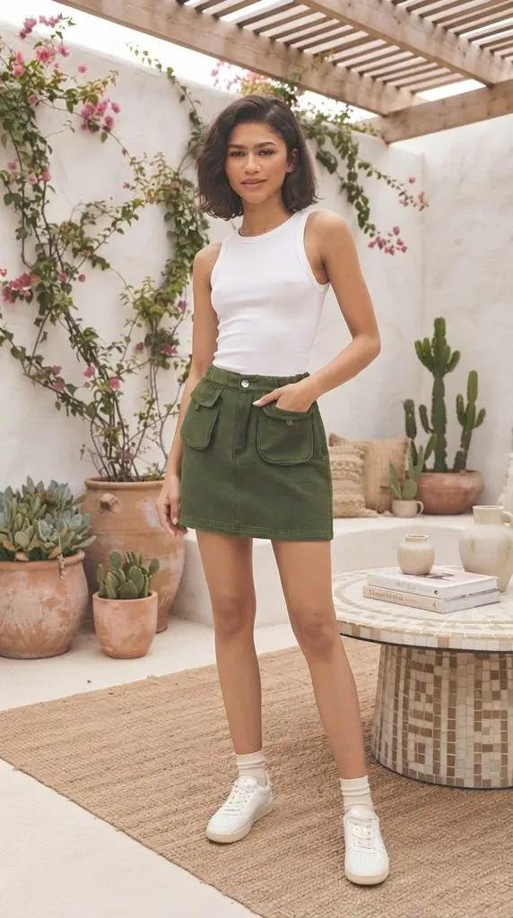  Olive Green Denim Mini Skirt Outfit Ideas & White Tank Top Pairings   