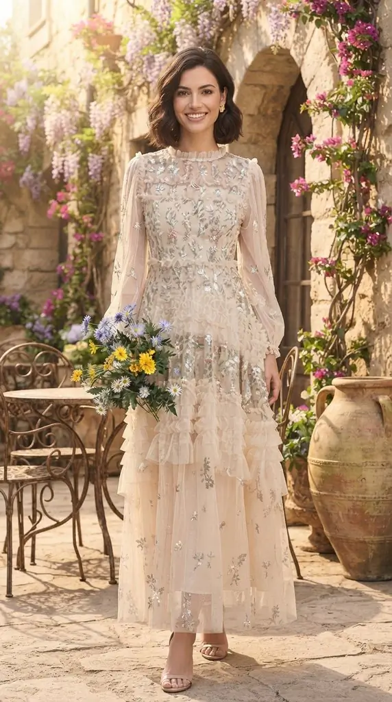 Embroidered Tulle Tiered Ruffle Maxi Dress