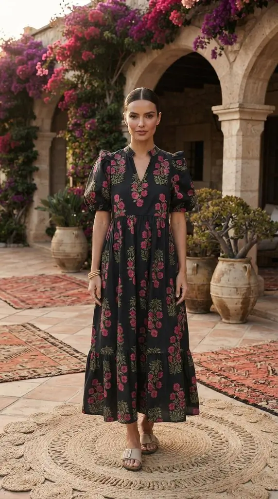 Black Floral Block Print Midi Dress Outfit