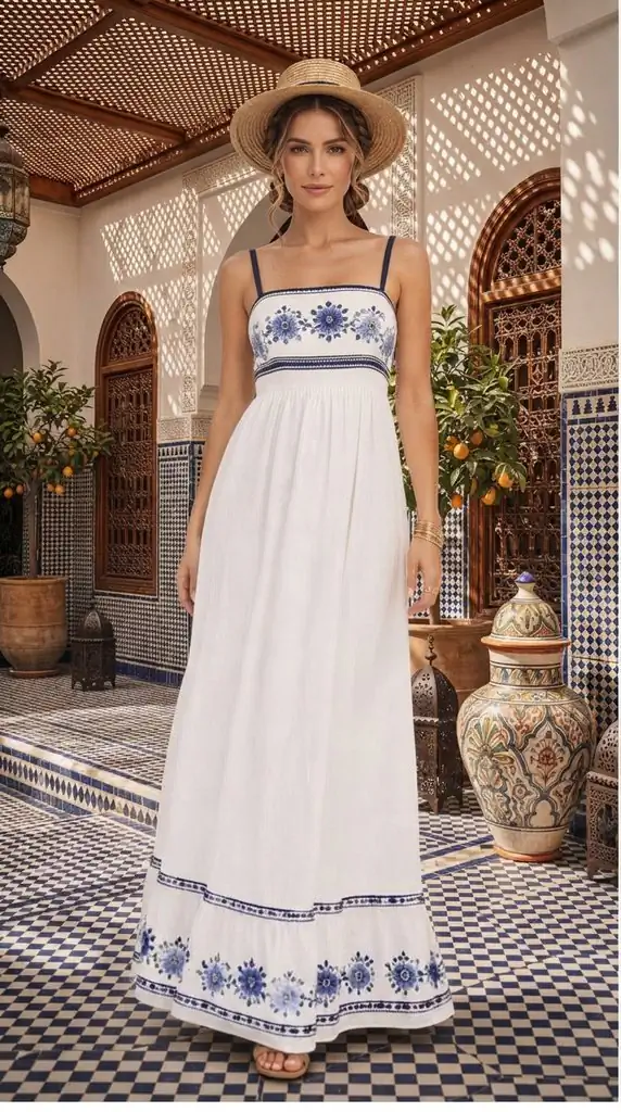 Blue and White Embroidered Maxi Dress Vacation Outfit