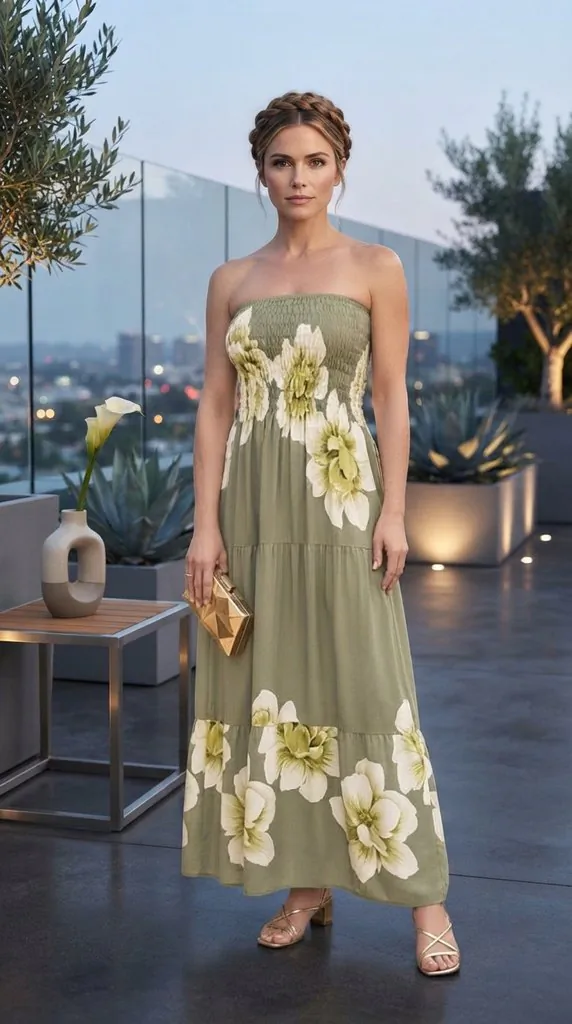 Sage Green Strapless Smocked Floral Maxi Dress