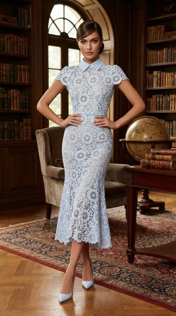 Light Blue Lace Collared Midi Dress Outfit