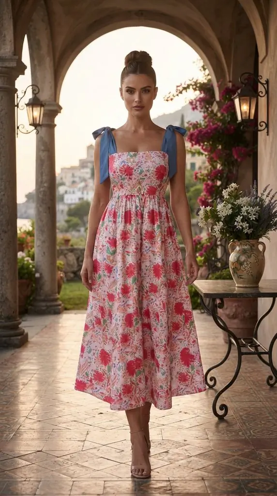 Pink Floral Tie Strap Midi Dress Summer Outfit