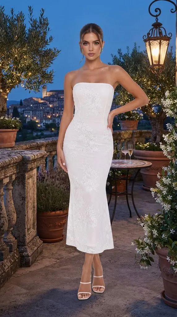 White Strapless Lace Midi Dress Outfit Inspiration