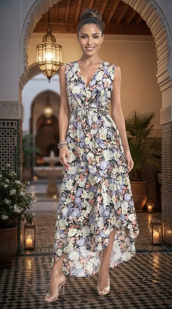 Floral V-Neck High-Low Maxi Dress Outfit Ideas