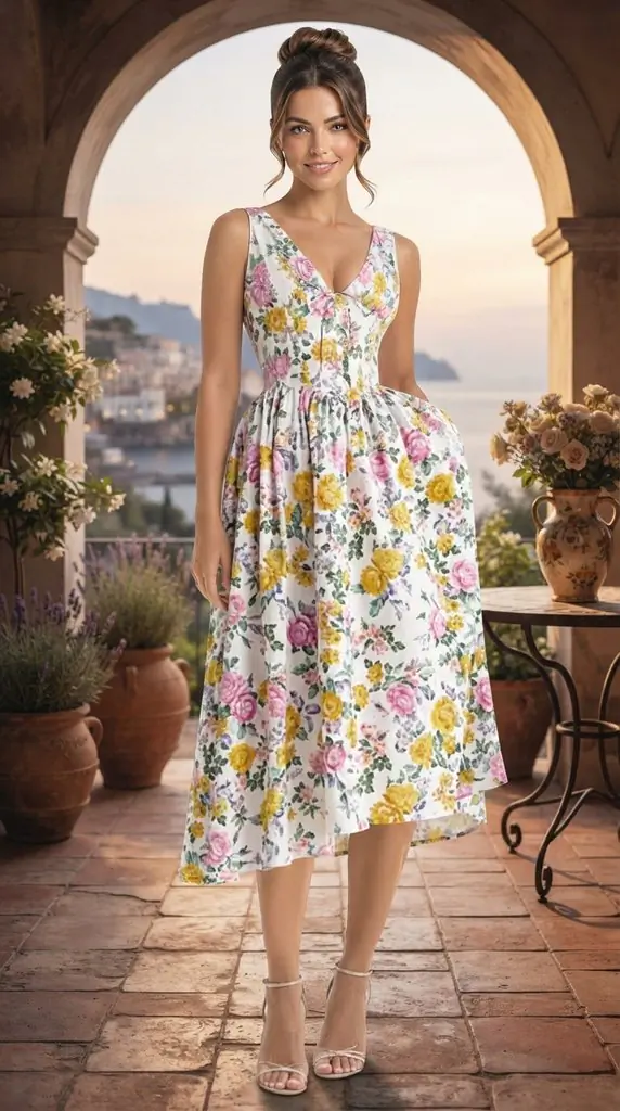 Pink and Yellow Floral Print Midi Dress Outfit Ideas