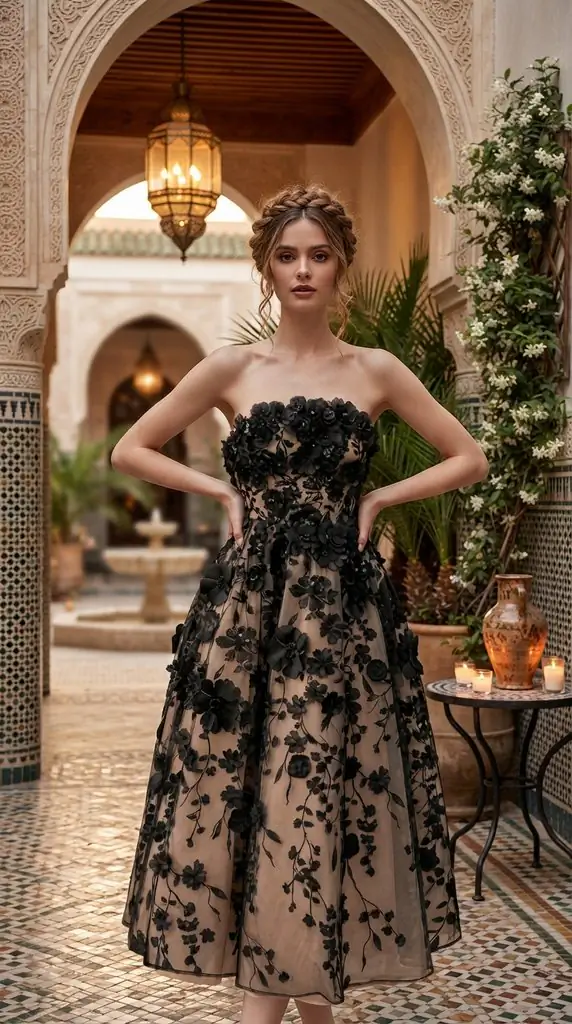 Black 3D Floral Applique Strapless Midi Dress Inspiration