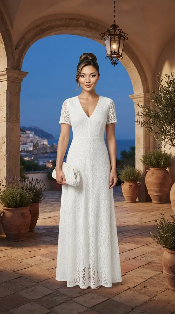 White Short Sleeve Lace Maxi Dress Outfit Inspiration