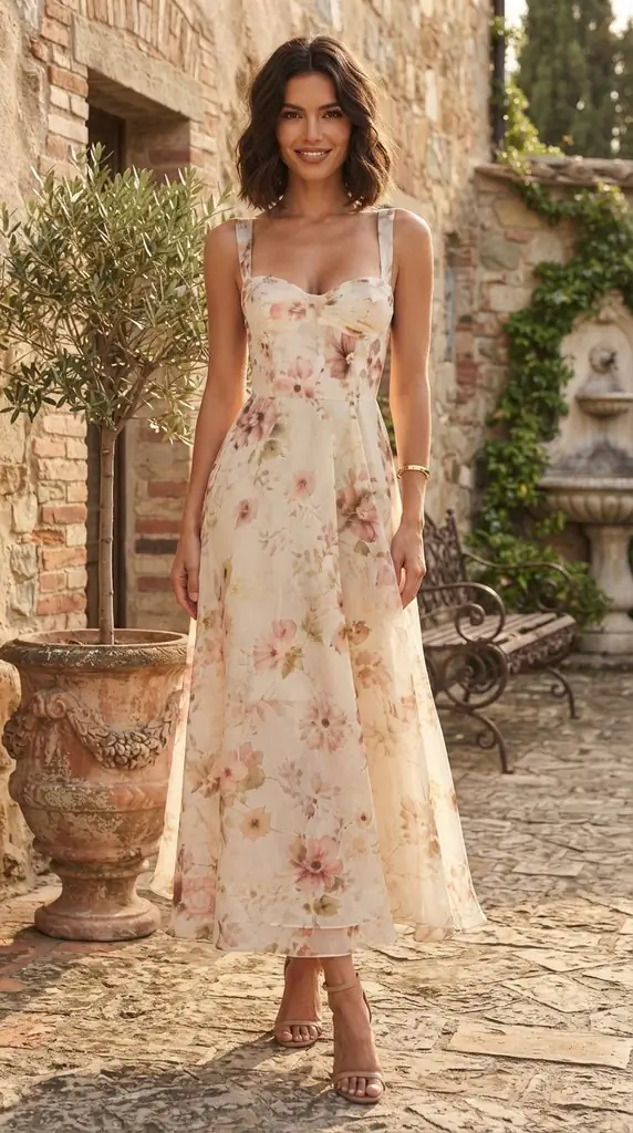 Romantic Floral Sweetheart Neckline Midi Dress for Summer Events