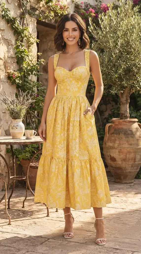 Vibrant Yellow Sweetheart Neckline Midi Dress for Summer Vacation Outfits