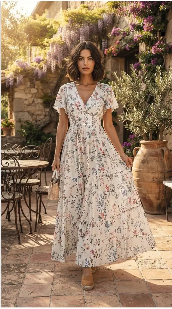 Boho Floral V-Neck Maxi Dress for Summer Vacation and Resort Wear