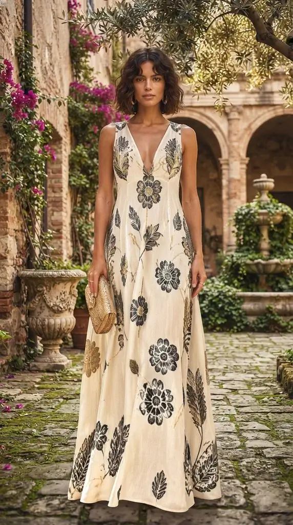 Chic Sleeveless Floral and Leaf Pattern Long Dress for Evening Events