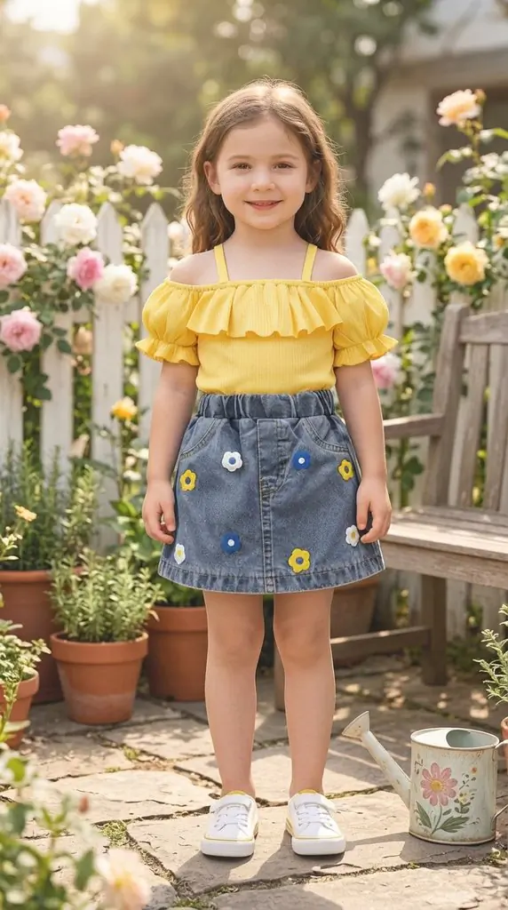 Bright Yellow Ruffle Top and Flower Embroidered Denim Skirt