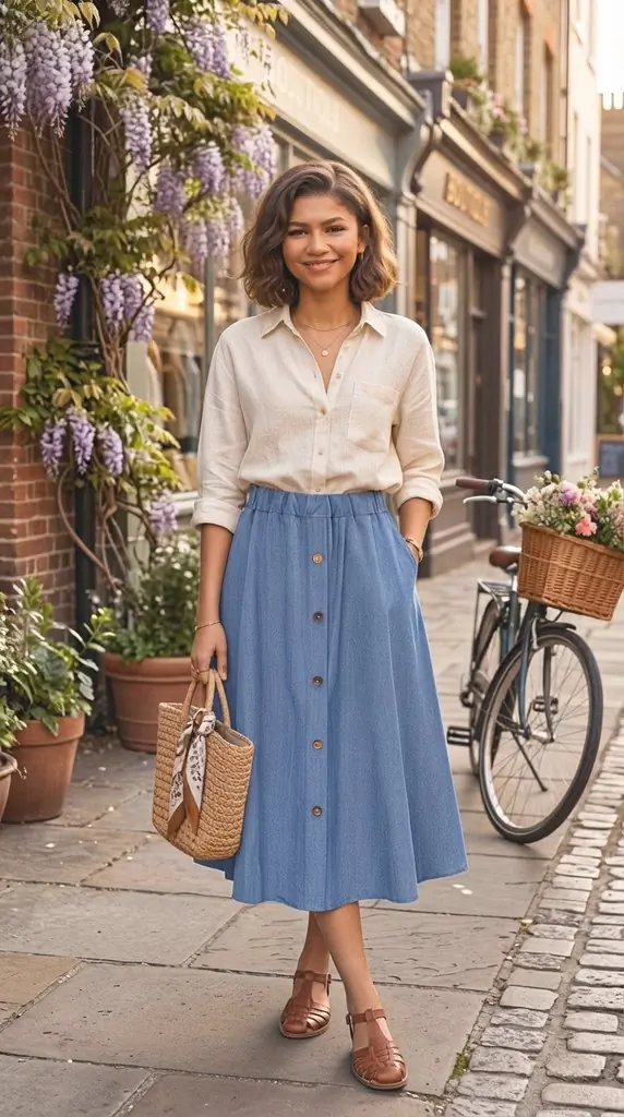 Classic Button Front Denim Midi Skirt Outfit with Neutral Shirt