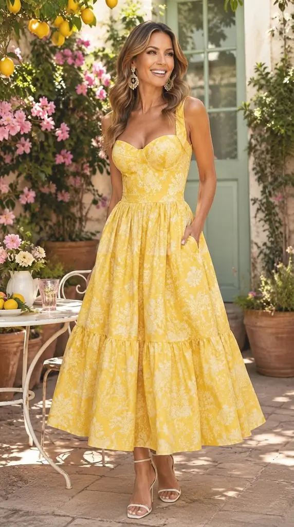 Vibrant Yellow Floral Print Sweetheart Maxi Dress with Pockets